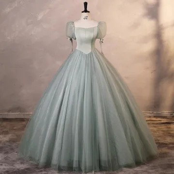 Élégant Vert Cendré Robe De Bal 2023 Robe Boule Encolure Carrée Gonflée Manches Courtes Dos Nu Longue Promo Robe De Ceremonie