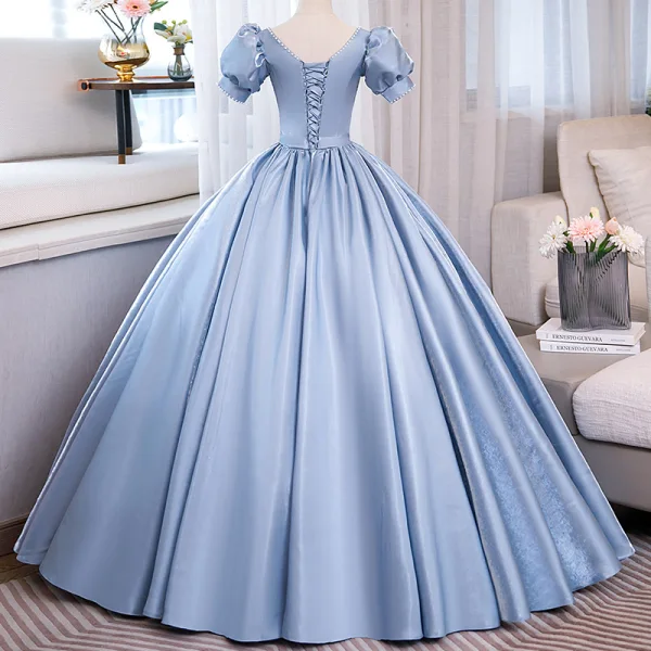 Chic / Beautiful Sky Blue Prom Dresses 2023 Ball Gown Pearl Square Neckline Puffy Short Sleeve Backless Bow Sash Floor-Length / Long Prom Formal Dresses