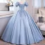 Chic / Beautiful Sky Blue Prom Dresses 2023 Ball Gown Pearl Square Neckline Puffy Short Sleeve Backless Bow Sash Floor-Length / Long Prom Formal Dresses