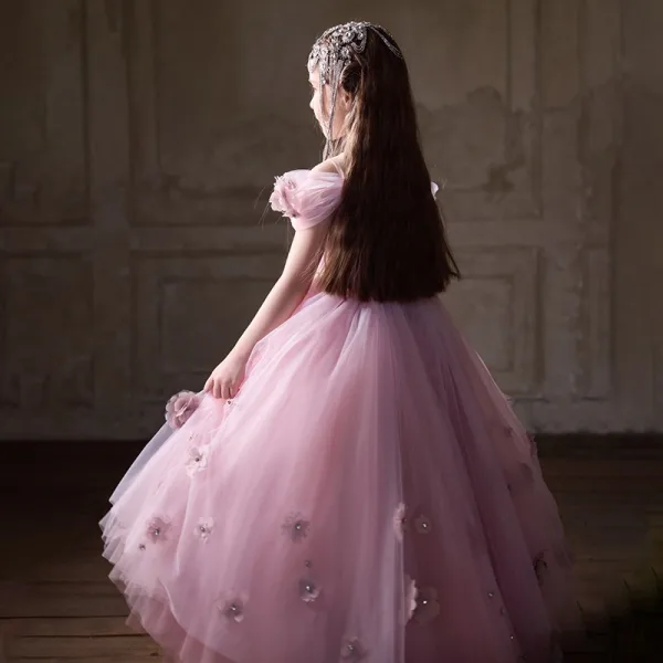Chic / Beautiful Blushing Pink Appliques Birthday Flower Girl Dresses 2025 A-Line / Princess Scoop Neck Short Sleeve Floor-Length / Long