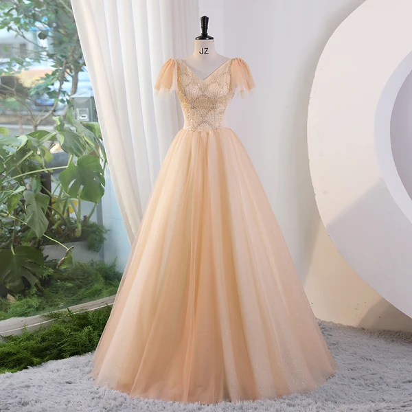 Elegant Champagne Beading Sequins Prom Dresses 2023 Ball Gown V-Neck Short Sleeve Backless Floor-Length / Long Prom Formal Dresses