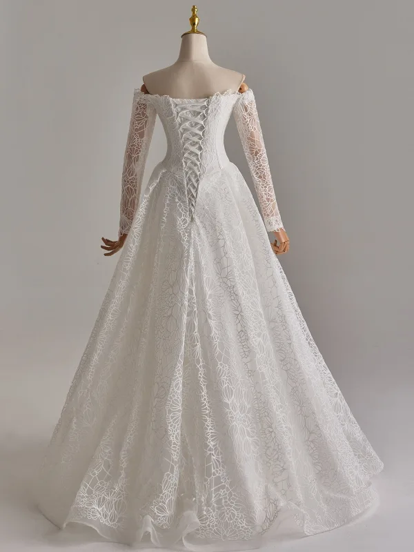 Modest / Simple White Lace Flower Wedding Dresses 2025 A-Line / Princess Off-The-Shoulder Long Sleeve Backless Floor-Length / Long