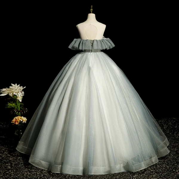 Elegant Grey Beading Sequins Prom Dresses 2022 Ball Gown Scoop Neck Short Sleeve Backless Floor-Length / Long Prom Formal Dresses