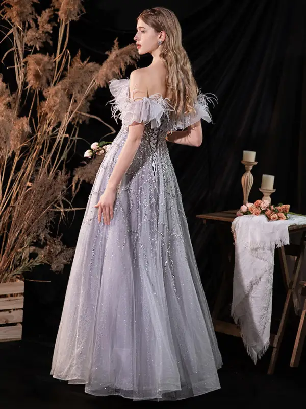 Luxe Gris Robe De Soirée 2022 Princesse De l'épaule Gland Perlage Paillettes Manches Courtes Dos Nu Longue Soirée Robe De Ceremonie