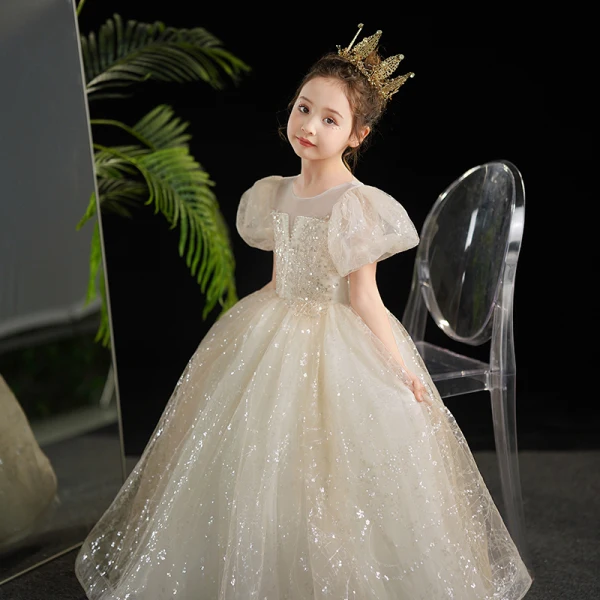 Bling Bling Beading Champagne Pearl Sequins Flower Girl Dresses 2024 Ball Gown Birthday Scoop Neck Puffy Short Sleeve Floor-Length / Long