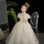 Bling Bling Beading Champagne Pearl Sequins Flower Girl Dresses 2024 Ball Gown Birthday Scoop Neck Puffy Short Sleeve Floor-Length / Long