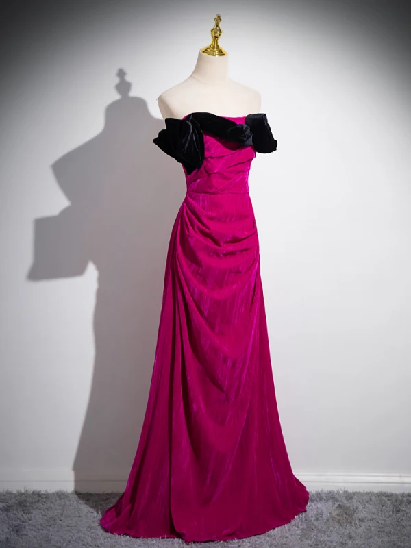 Chic / Beautiful Fuchsia Velvet Prom Dresses 2024 Trumpet / Mermaid Strapless Sleeveless Backless Floor-Length / Long Prom Formal Dresses