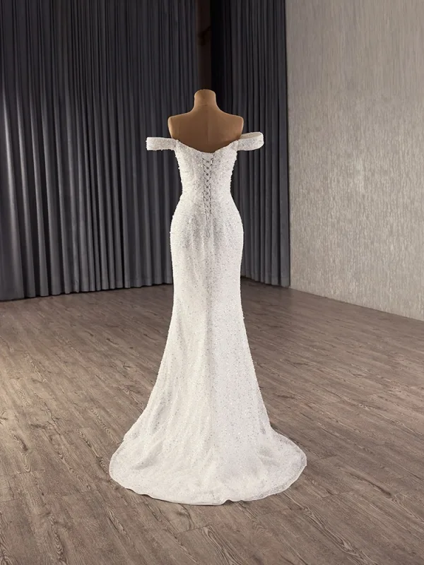 Luxe Blanche Fait main Perlage Perle Paillettes Robe De Mariée 2025 Trompette / Sirène De l'épaule Sans Manches Dos Nu Chapel Train Mariage