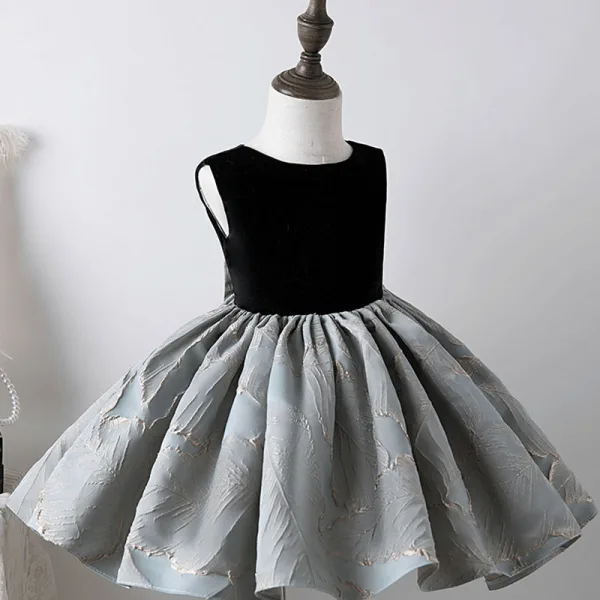 Chic / Beautiful Black Suede Birthday Flower Girl Dresses 2022 Ball Gown Scoop Neck Sleeveless Bow Floor-Length / Long Flower Girl Dresses