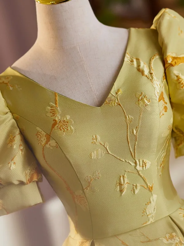 Elegant Yellow Printing Prom Dresses 2025 A-Line / Princess V-Neck Short Sleeve Backless Floor-Length / Long Prom Formal Dresses
