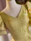 Elegant Yellow Printing Prom Dresses 2025 A-Line / Princess V-Neck Short Sleeve Backless Floor-Length / Long Prom Formal Dresses