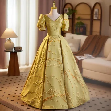 Élégant Jaune Impression Robe De Bal 2025 Princesse V Cou Manches Courtes Dos Nu Longue Promo Robe De Ceremonie