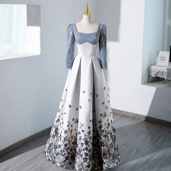 Chic Belle Bleu Ciel Perlage Paillettes Robe De Soirée 2023 Princesse Encolure Carrée Manches Longues Longue Robe De Ceremonie