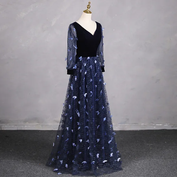 Chic / Beautiful Navy Blue Glitter Butterfly Appliques Prom Dresses 2024 A-Line / Princess V-Neck Long Sleeve Backless Floor-Length / Long Prom Formal Dresses