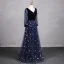 Chic / Beautiful Navy Blue Glitter Butterfly Appliques Prom Dresses 2024 A-Line / Princess V-Neck Long Sleeve Backless Floor-Length / Long Prom Formal Dresses