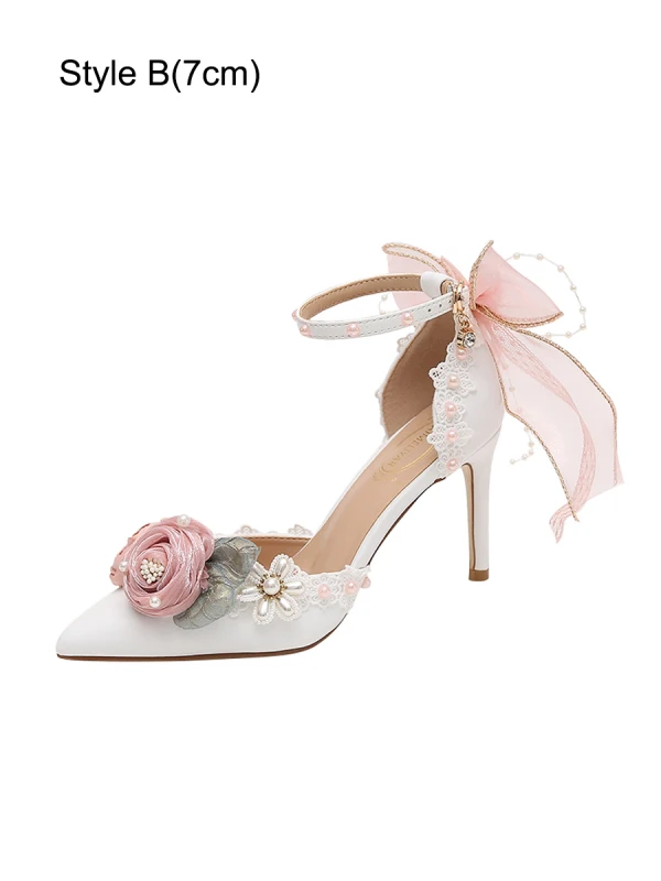 Lovely White Pearl Appliques Bow Prom Womens Sandals 2024 Ankle Strap 9 cm Stiletto Heels Pointed Toe Womens Shoes High Heels