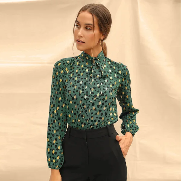 Elegant Green Printing Floral Chiffon Women Blouses 2021 Loose High Neck Work Street Wear Fall Spring Long Sleeve Tops