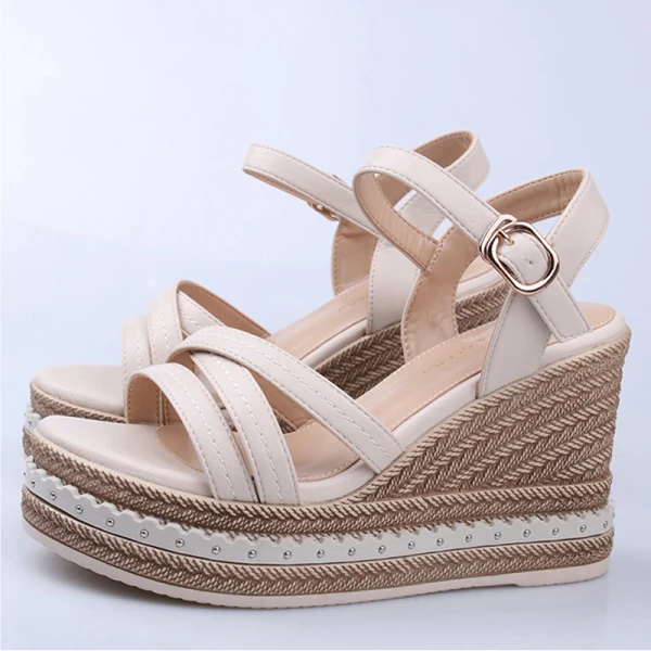 Moda Czarne Przypadkowy Warkocz Sandały Damskie 2023 Z Paskiem 9 cm Na Koturnie Peep Toe Sandały
