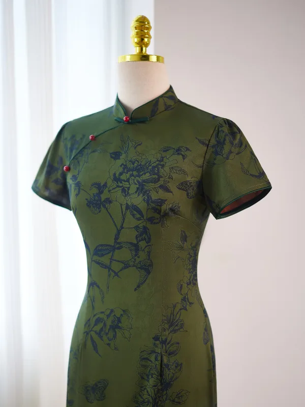 Vintage / Retro Chinese style Dark Green Summer Printing Cheongsam 2024 Trumpet / Mermaid High Neck Short Sleeve Tea-length