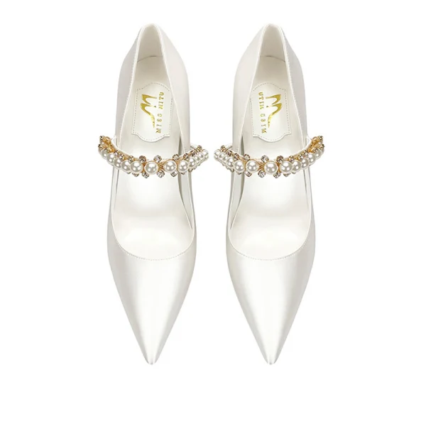 Eleganta Elfenben Rhinestone Pärla Läder Brudskor 2022 8 cm Stilettklackar Spetsiga Bröllop Pumps Högklackade