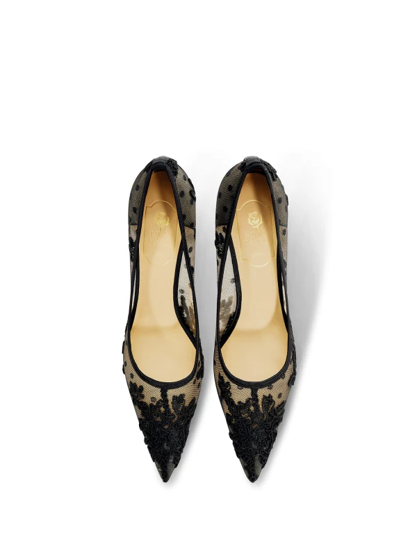 Charming Black Lace Flower See-through Evening Party Pumps 2024 Leather 8 cm Stiletto Heels Pointed Toe Pumps High Heels