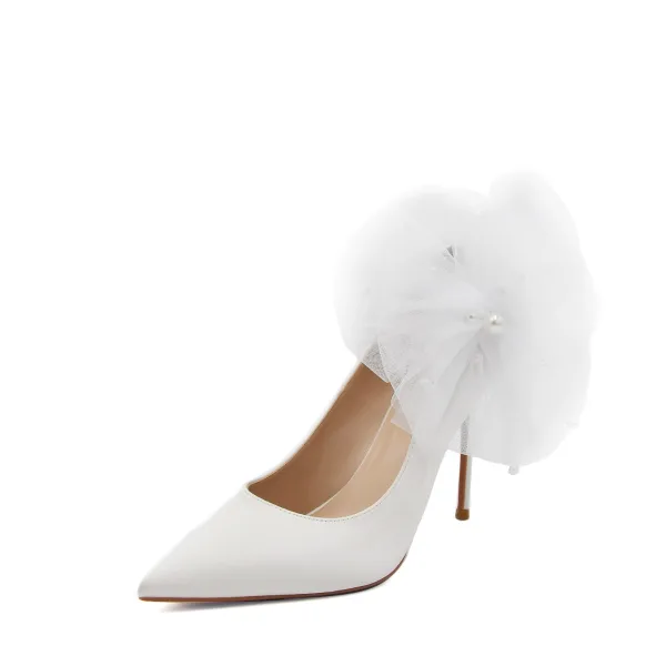 Chic / Beautiful White Pearl Appliques Wedding Shoes 2022 Leather 10 cm Stiletto Heels Pointed Toe Wedding Pumps High Heels