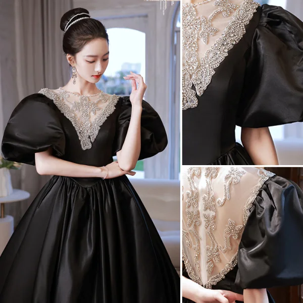 Vintage / Retro Rhinestone Black Prom Dresses 2023 Ball Gown Scoop Neck Puffy Short Sleeve Court Train Prom Formal Dresses