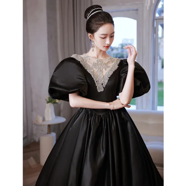 Vintage / Retro Rhinestone Black Prom Dresses 2023 Ball Gown Scoop Neck Puffy Short Sleeve Court Train Prom Formal Dresses