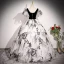 Elegant Black Printing Prom Dresses 2023 Ball Gown Square Neckline Puffy Short Sleeve Backless Bow Sash Floor-Length / Long Prom Formal Dresses
