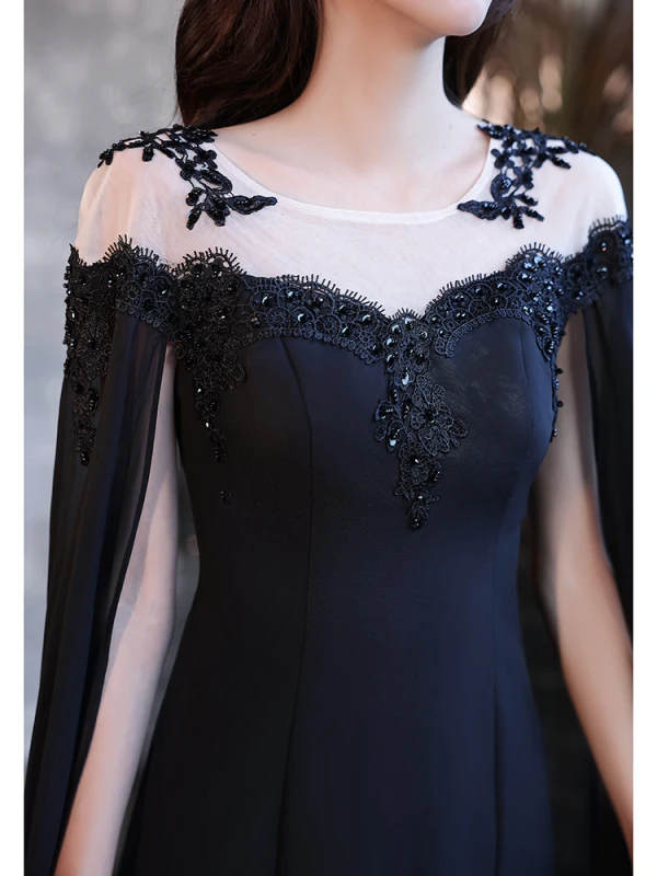 Sexy Black Beading Lace Flower Sequins Evening Dresses 2023 Trumpet / Mermaid cloak Scoop Neck Sleeveless Floor-Length / Long Evening Party Formal Dresses
