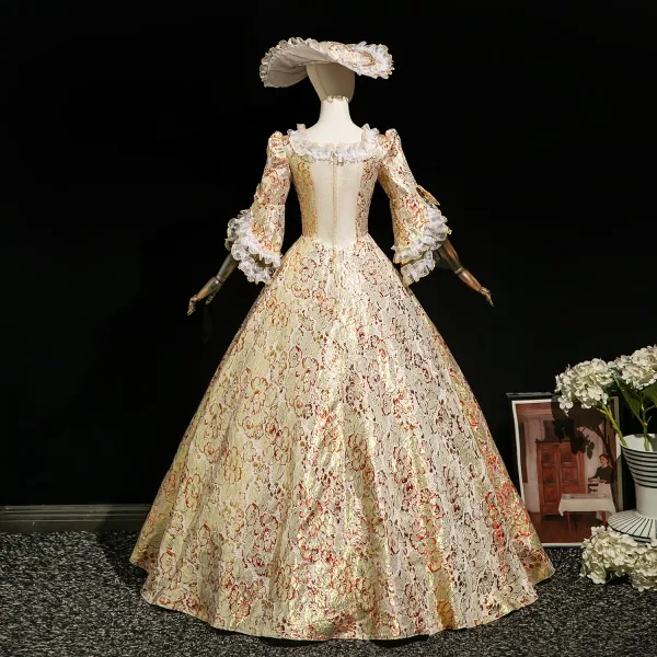 Vintage / Retro Medieval Gold Printing Bow Lace Flower Prom Dresses 2025 Ball Gown Square Neckline Bell sleeves Floor-Length / Long Formal Dresses