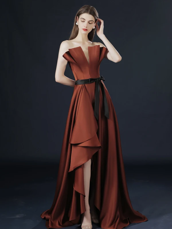 High Low Asymmetrical Brown Evening Dresses 2021 Crossed Straps Ruffle Solid Color Satin