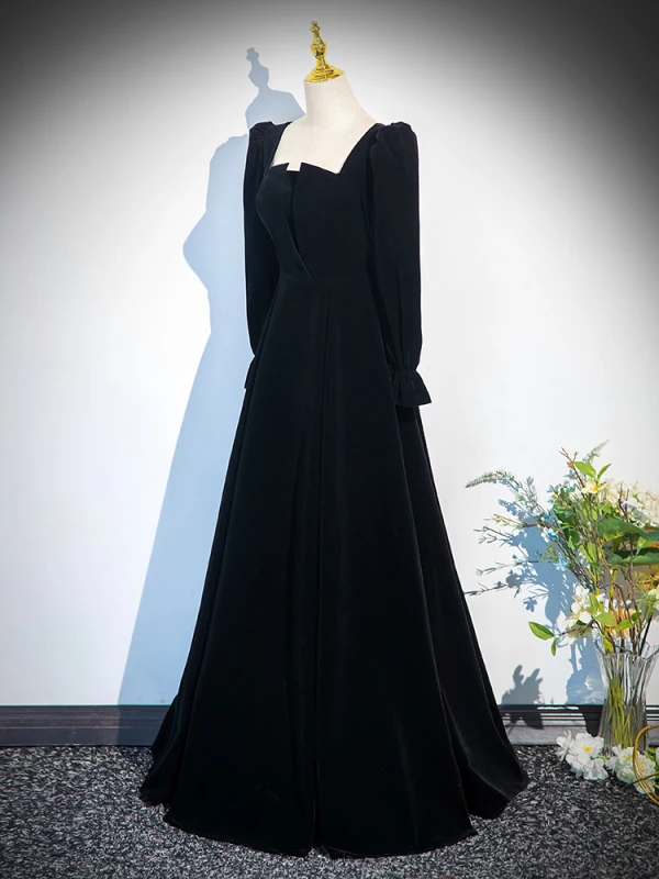 Vintage / Retro Black Winter Prom Dresses 2024 A-Line / Princess Square Neckline Long Sleeve Backless Floor-Length / Long Prom Formal Dresses
