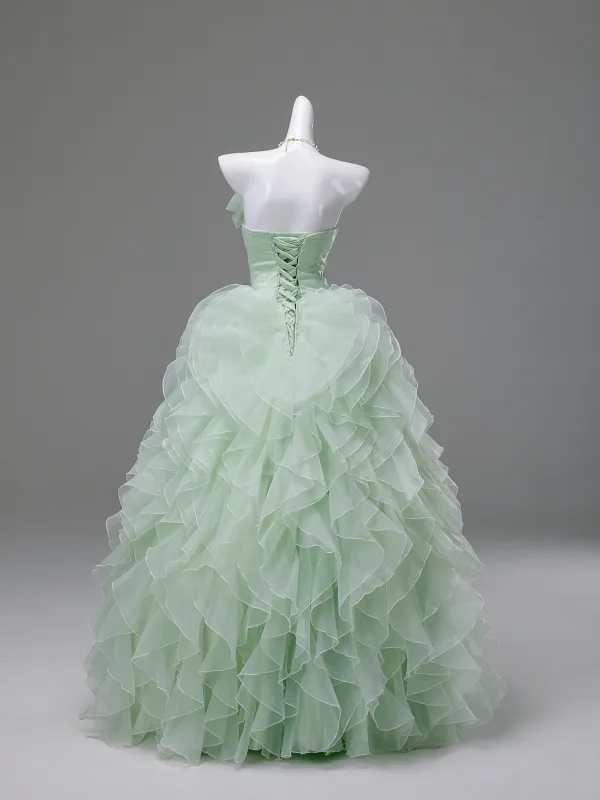 Onírico Verde Salvia Perla Lentejuelas Con Encaje Flor Volantes En Cascada Vestidos de gala 2026 Ball Gown Sin Tirantes Sin Mangas Sin Espalda