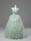 Onírico Verde Salvia Perla Lentejuelas Con Encaje Flor Volantes En Cascada Vestidos de gala 2026 Ball Gown Sin Tirantes Sin Mangas Sin Espalda
