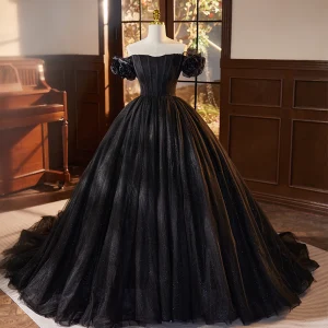 Charmant Noire Paillettes Robe De Bal 2023 Robe Boule De L Épaule Volants Manches Courtes Dos Nu Tribunal Train Promo Robe De Ceremonie