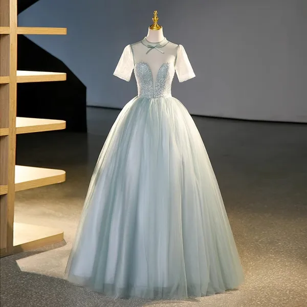 Élégant Vert Cendré Paillettes Robe De Bal 2023 Robe Boule Col Haut Manches Courtes Longue Promo Robe De Ceremonie
