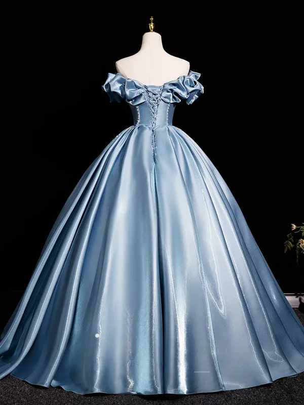 Elegant Mint Green Satin Prom Dresses 2025 Ball Gown Off-The-Shoulder Short Sleeve Backless Floor-Length / Long Prom Formal Dresses