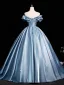 Elegant Mint Green Satin Prom Dresses 2025 Ball Gown Off-The-Shoulder Short Sleeve Backless Floor-Length / Long Prom Formal Dresses