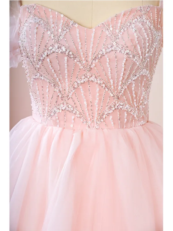Schöne Rosa Perlenstickerei Perle Pailletten Ballkleider 2025 Ballkleid Eckiger Ausschnitt Kurze Ärmel Rückenfreies Lange Ball Festliche Kleider
