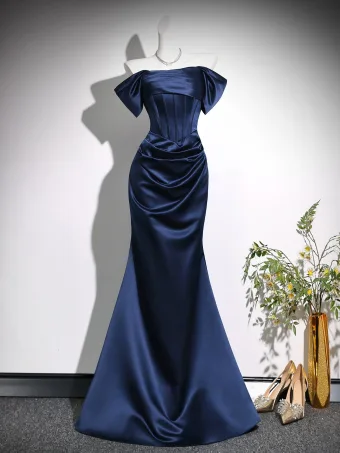 Vintage Retro Navy Blue Evening Dresses 2026 Trumpet Mermaid Off The Shoulder Short Sleeve Backless Floor Length Long Formal Dresses