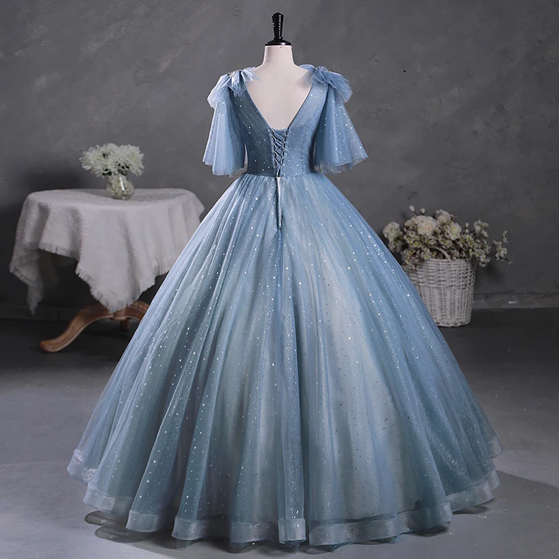 slim fit dress slacks Off-Shoulder Long Blue Prom Dress with Embroidery Dusty Blue / 6 main image 0