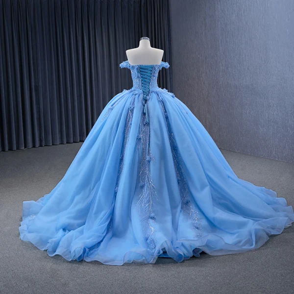 Haut de Gamme Bleu Perlage Paillettes Appliques Robe De Bal 2024 Robe Boule Bustier Sans Manches Dos Nu Train De Balayage Promo Robe De Ceremonie