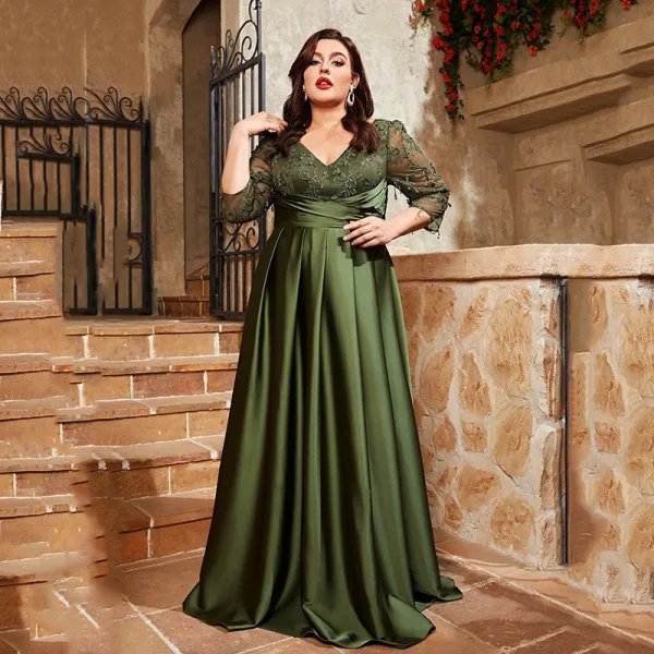 Chic / Beautiful Dark Green Lace Flower Plus Size Evening Dresses 2025 A- Line / Princess V-Neck