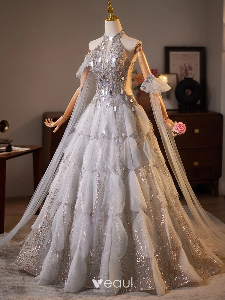 High-end Grey Rhinestone Sequins Prom Dresses 2025 Ball Gown High Neck  Short Sleeve Backless Floor-Length / Long Prom Formal Dresses