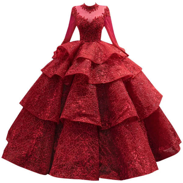 High-end Burgundy Beading Sequins Lace Flower Cascading Ruffles Wedding Dresses 2022 Ball Gown High Neck Long Sleeve Floor-Length / Long