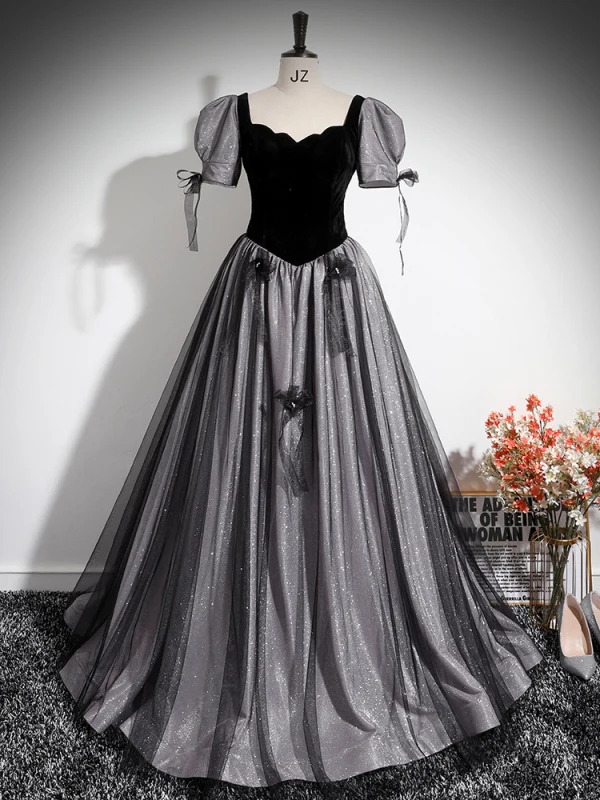 Elegant Black Appliques Glitter Prom Dresses 2024 Ball Gown Square Neckline Short Sleeve Backless Floor-Length / Long Prom Formal Dresses