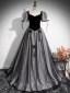 Elegant Black Appliques Glitter Prom Dresses 2024 Ball Gown Square Neckline Short Sleeve Backless Floor-Length / Long Prom Formal Dresses