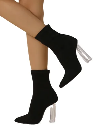 Fashion Black Street Wear Suede Sock Boots 2024 9 Cm Crystal Block Heels Pointed Toe Womens Boots