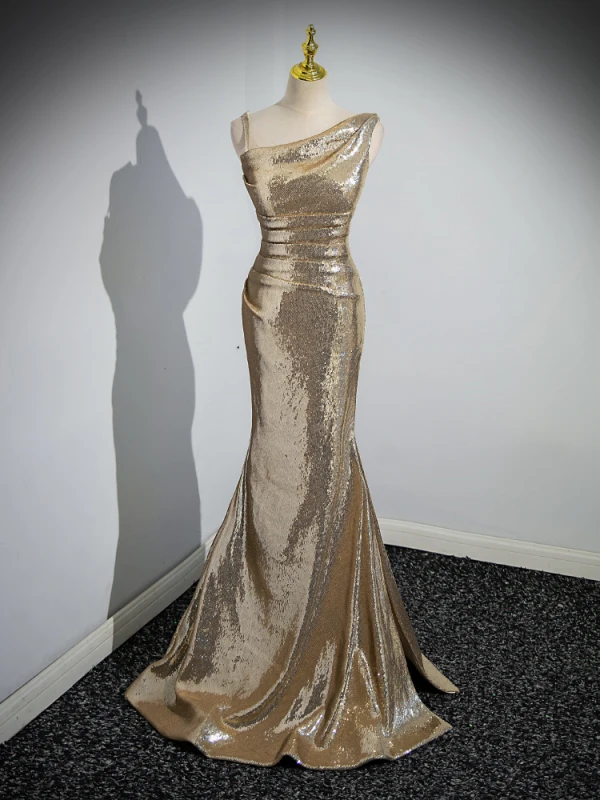 Scintillantes Doré Paillettes Robe De Soirée 2023 Trompette / Sirène Une épaule Sans Manches Dos Nu Longue Soirée Robe De Ceremonie